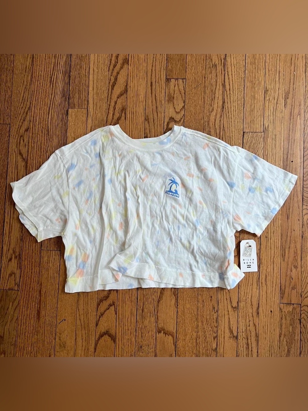 Billabong white and multicolored cropped tie-dye tshirt with a relaxed fit